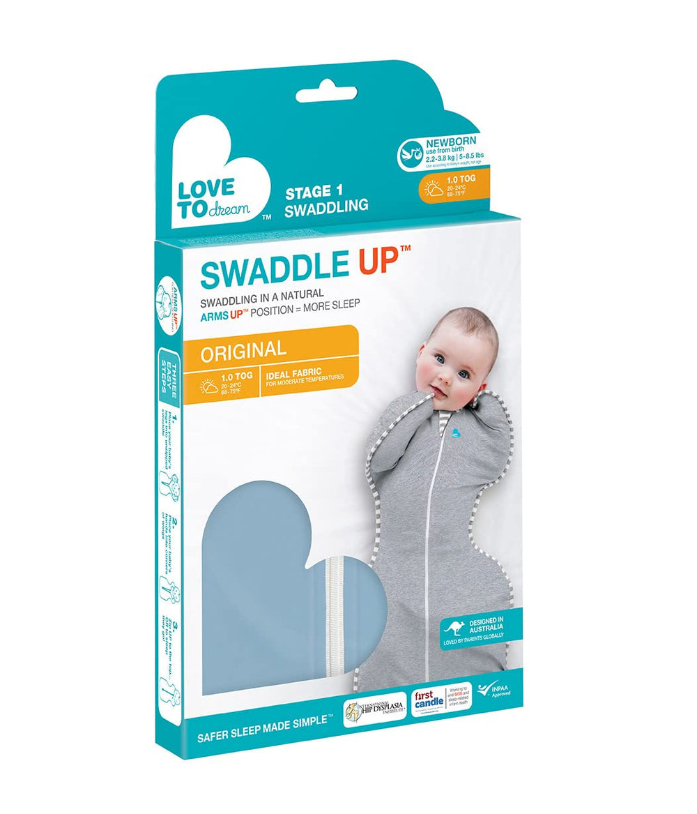 Love to Dream Swaddle UP dusty blue soft cotton fabric for gentle skin comfort.