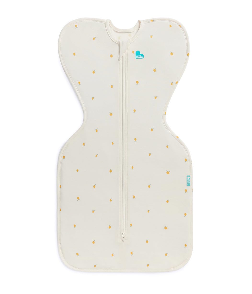 Love To Dream Swaddle Up Silky-Lux 1.0 Tog in Cream Lemons for arms-up self-soothing sleep.