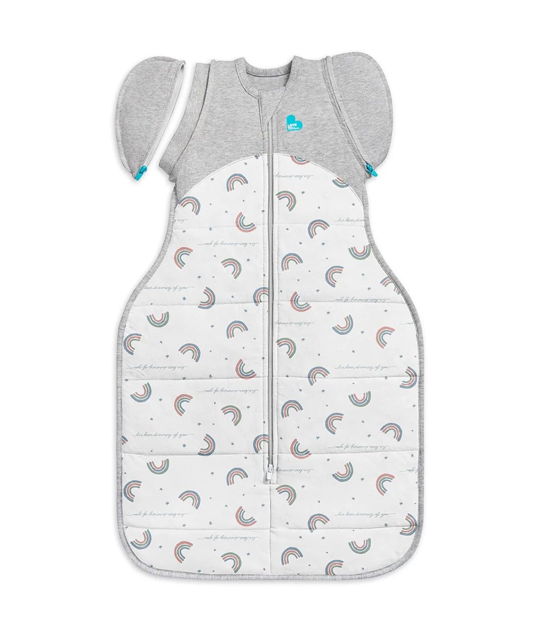 Love to Dream Swaddle Up Transition Bag White Rainbow Dream with zip-off wings enabling gradual arms-free sleep.