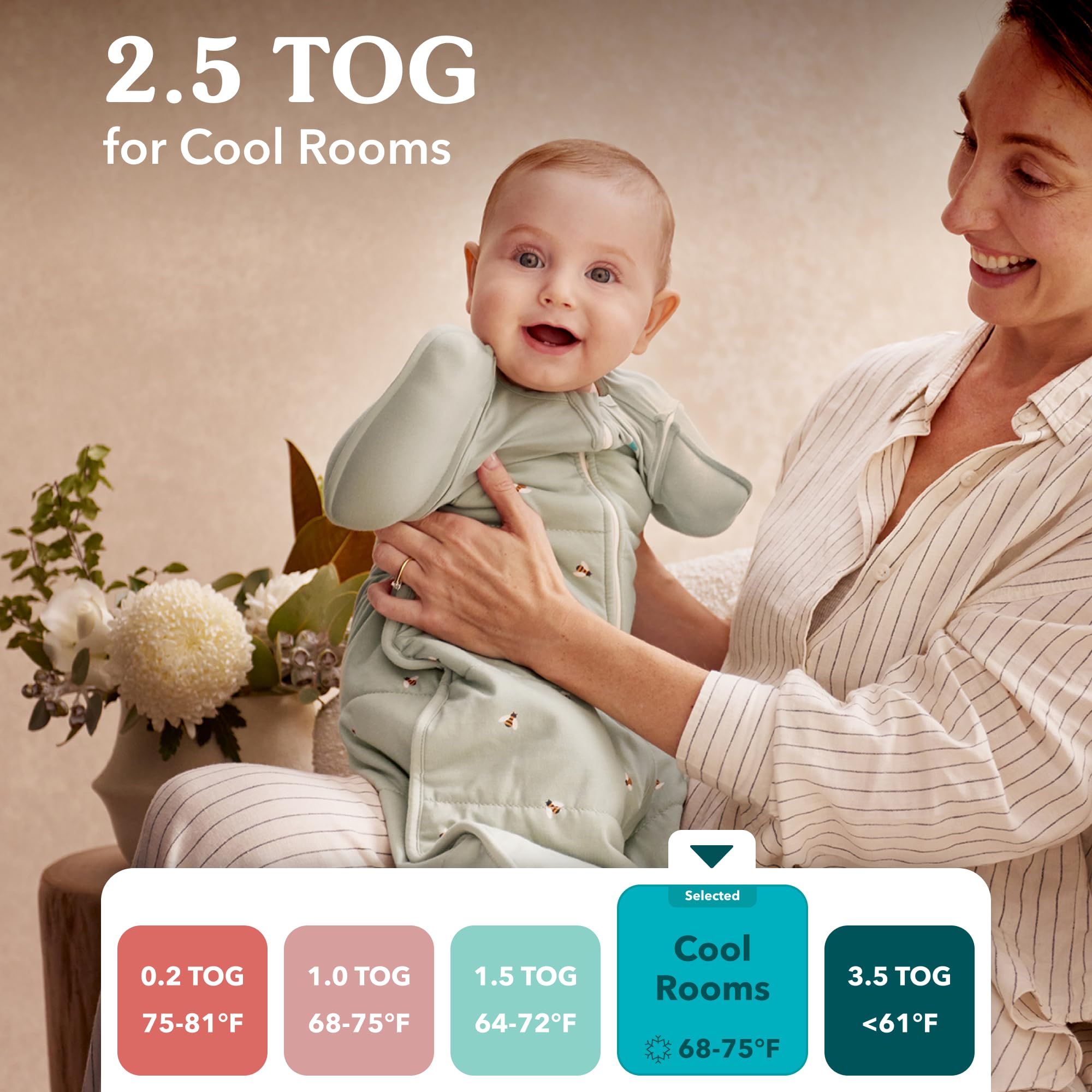 Love to Dream Swaddle Up Transition Bag left arm swaddled demonstrates secure, familiar feel.