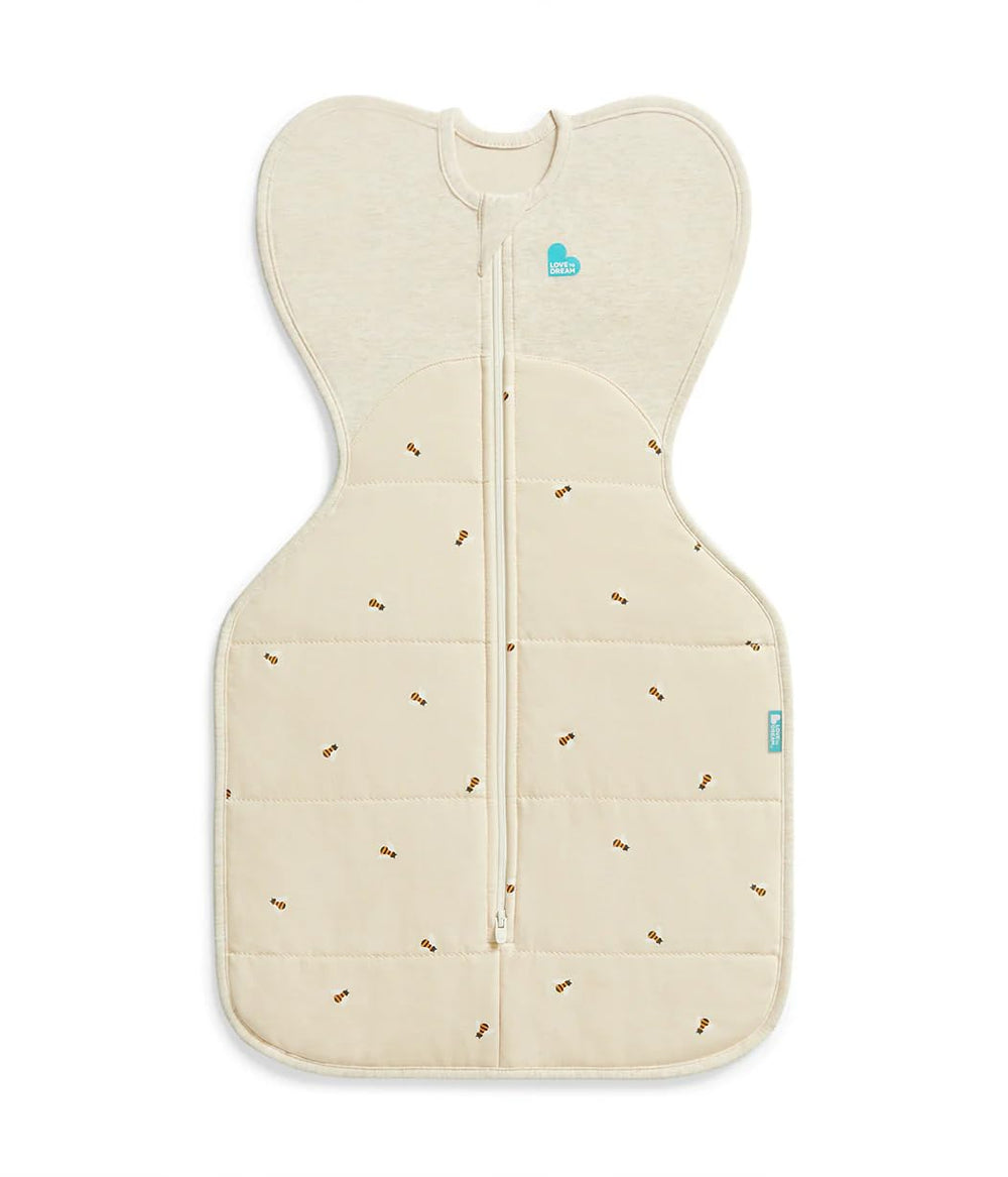 Love To Dream Swaddle Up Warm 2.5 TOG oatmeal bees arm-up close-up aids self-soothing.