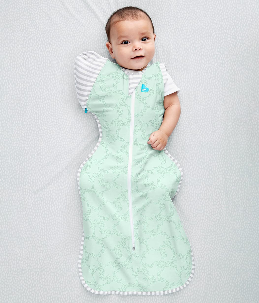 Love to Dream Transition Bag Organic 1.0 TOG Celestial Dot Mint, night sleep display in dim lighting.