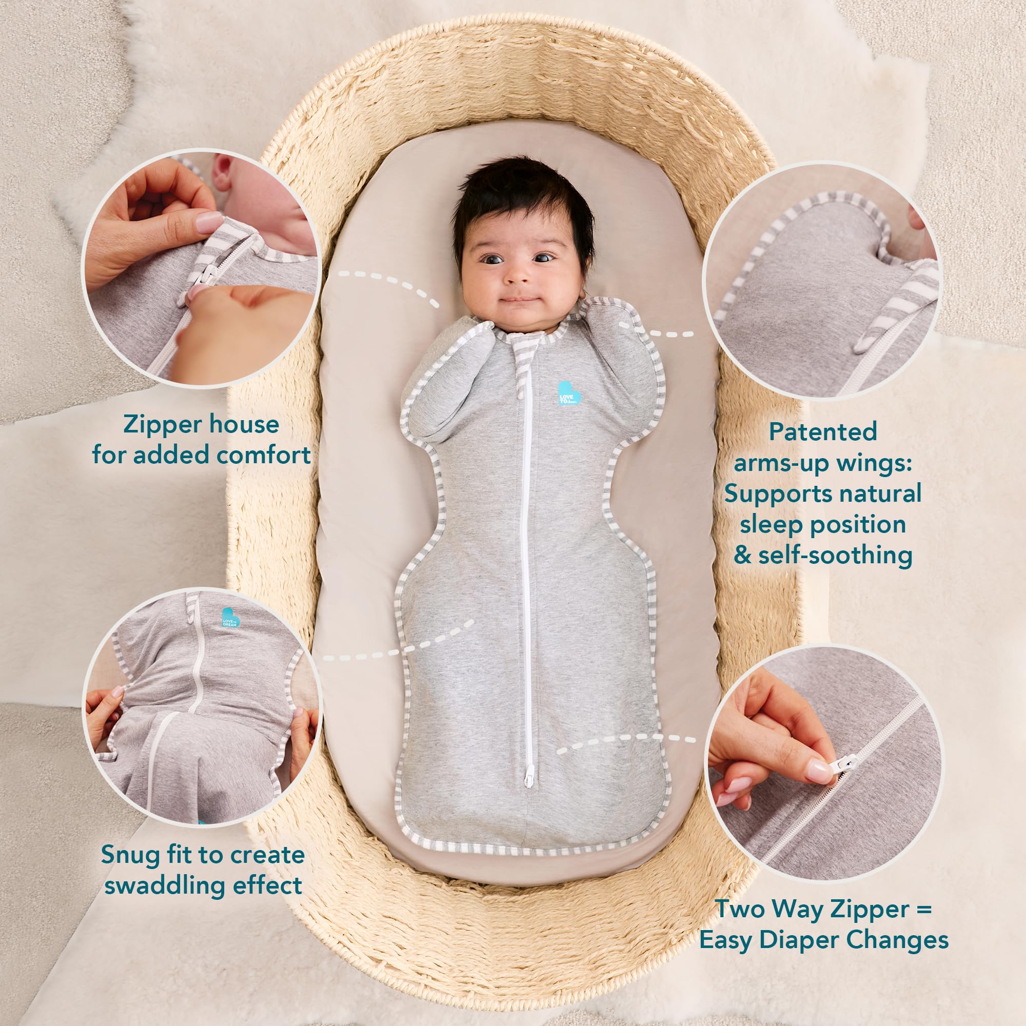 Love To Dream Swaddle Up Rose on baby promoting arms-up sleep