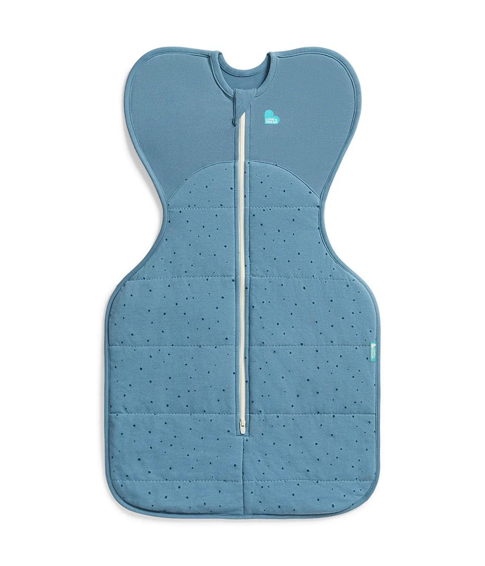 Love To Dream Swaddle Up 2.5 TOG Storm Blue arm-up position supports self-soothing.