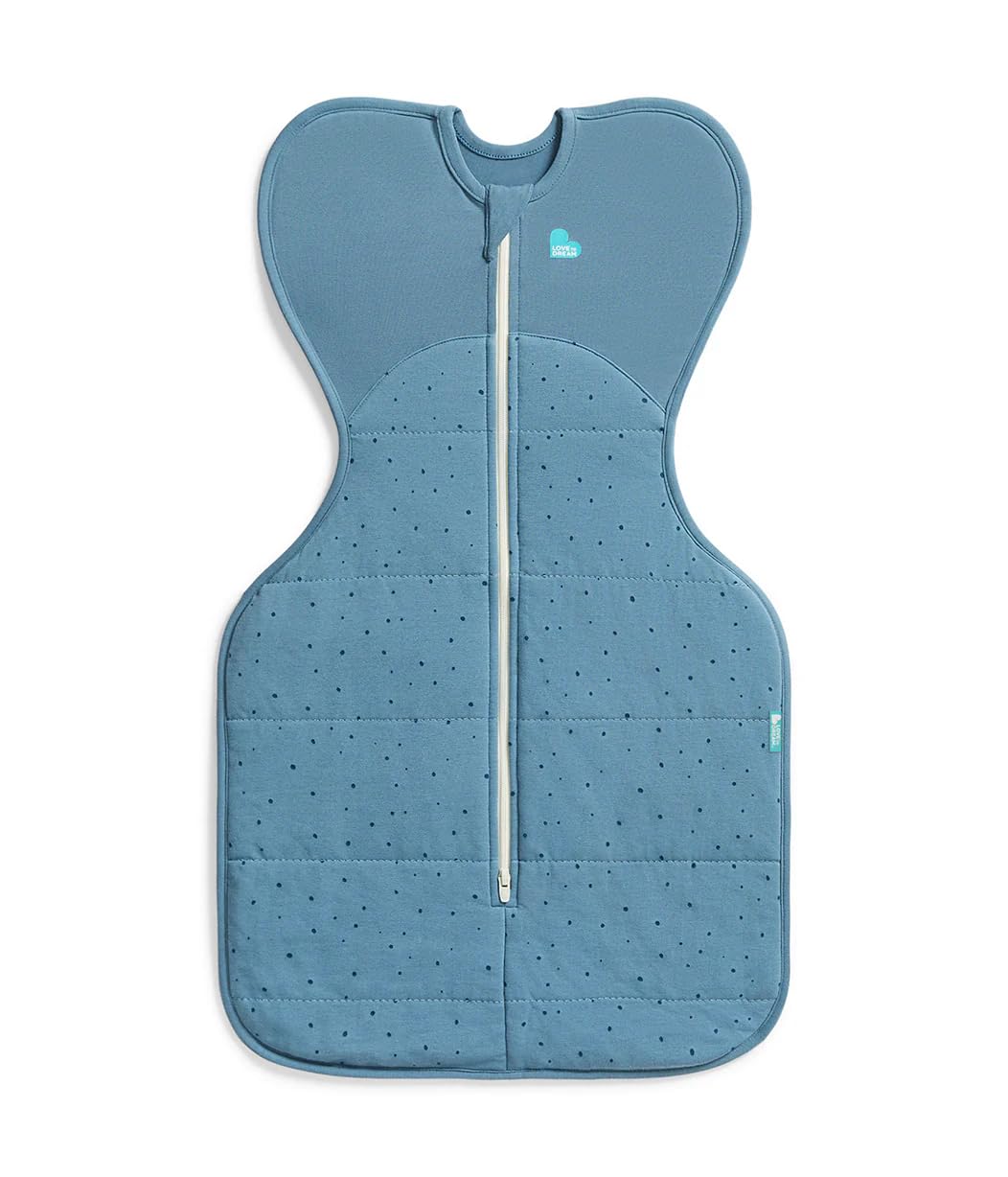 Love To Dream Swaddle Up 2.5 TOG Storm Blue arm-up position supports self-soothing.