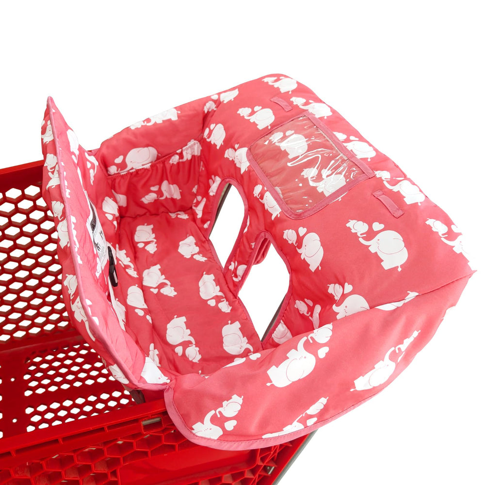 Love&go pink elephant cart cover folded for easy portability.