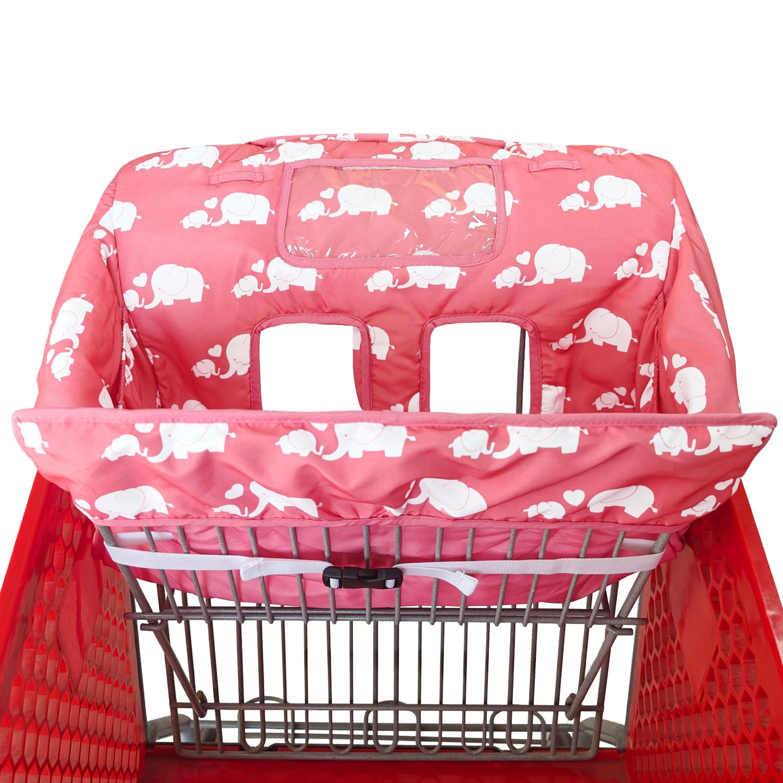 Love&go pink elephant cart cover shows toy loops and pockets for portable playtime and storage.