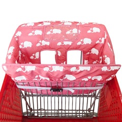 Love&go pink elephant cart cover shows toy loops and pockets for portable playtime and storage.