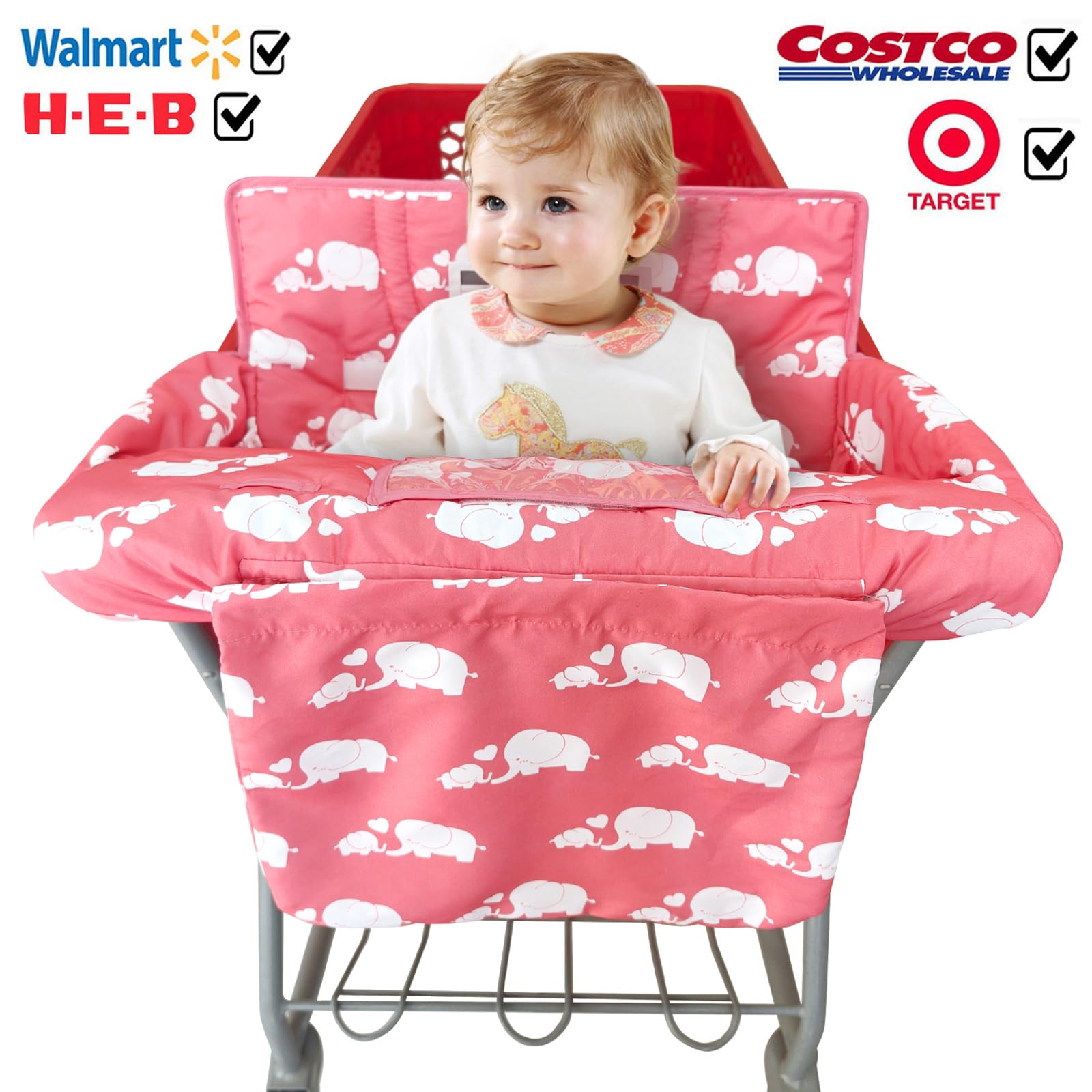 Love&go pink elephant high chair universal fit demonstrates broad compatibility on carts.