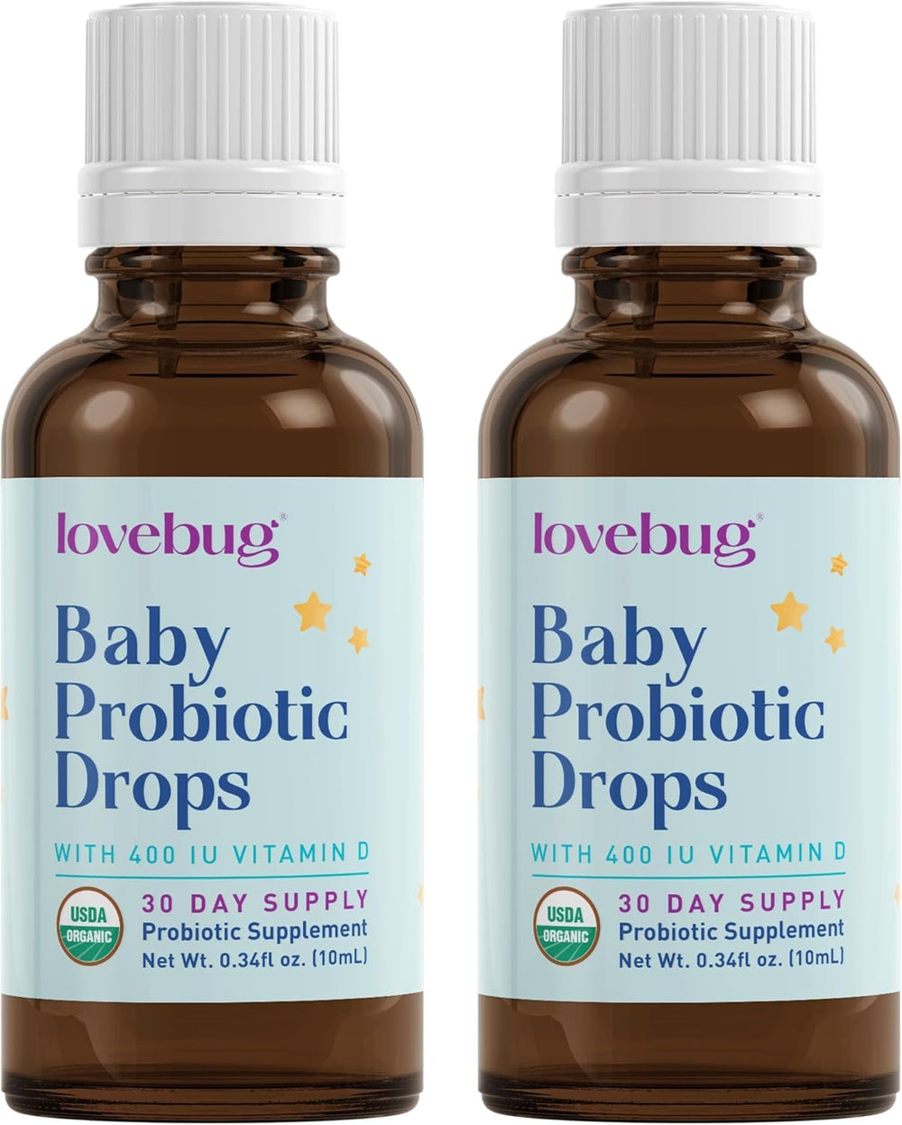 LOVEBUG Baby Probiotic Drops bottle featuring organic, tasteless formula for infant gut health