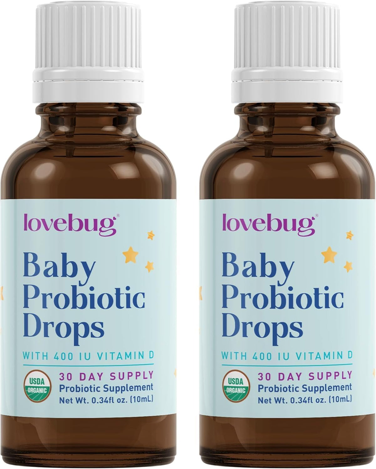 LOVEBUG Baby Probiotic Drops bottle featuring organic, tasteless formula for infant gut health