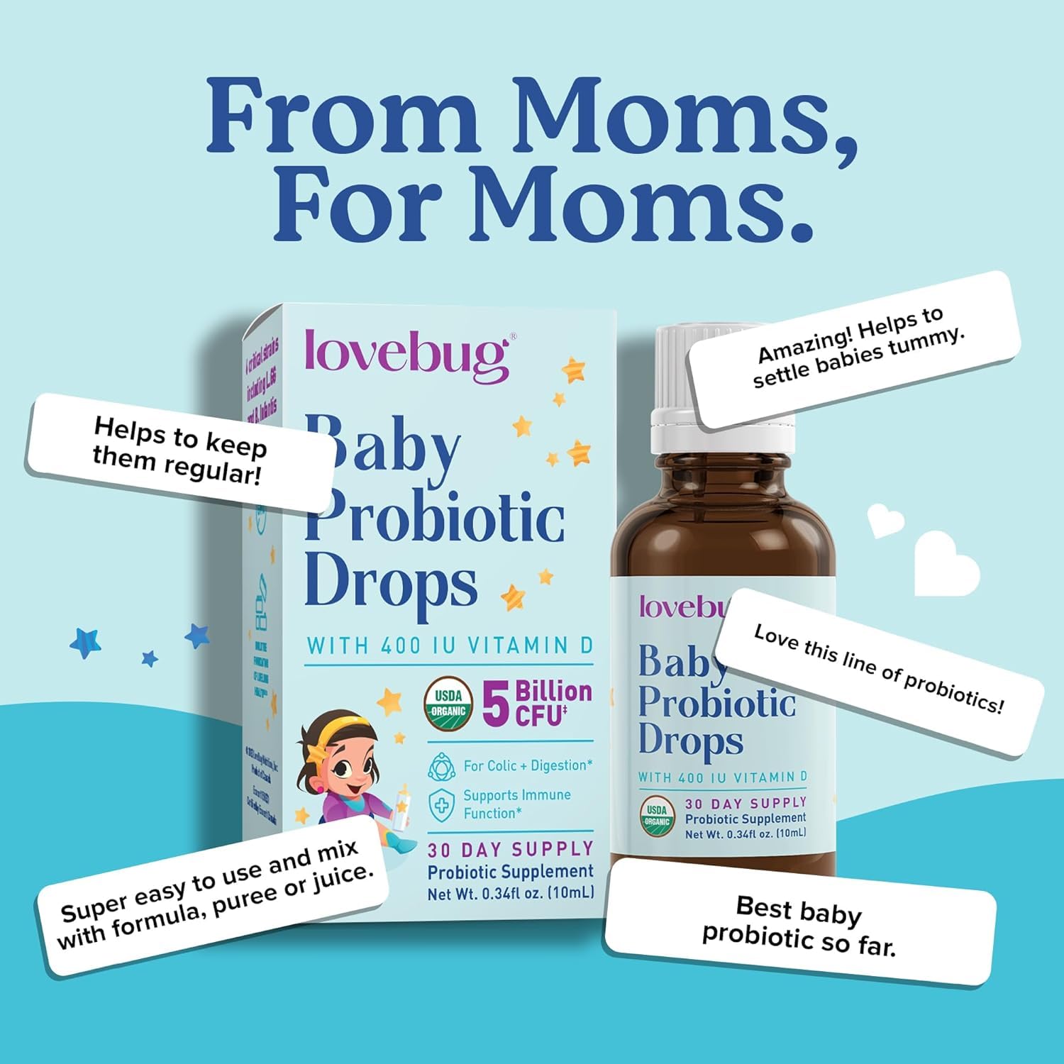 LOVEBUG Drops encourage an easy daily routine with newborn-friendly probiotic use.