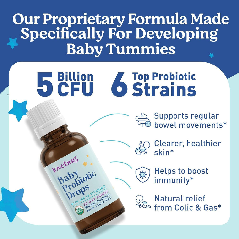 LOVEBUG Baby Probiotic Drops infant-digestive visual suggesting gentle gas relief