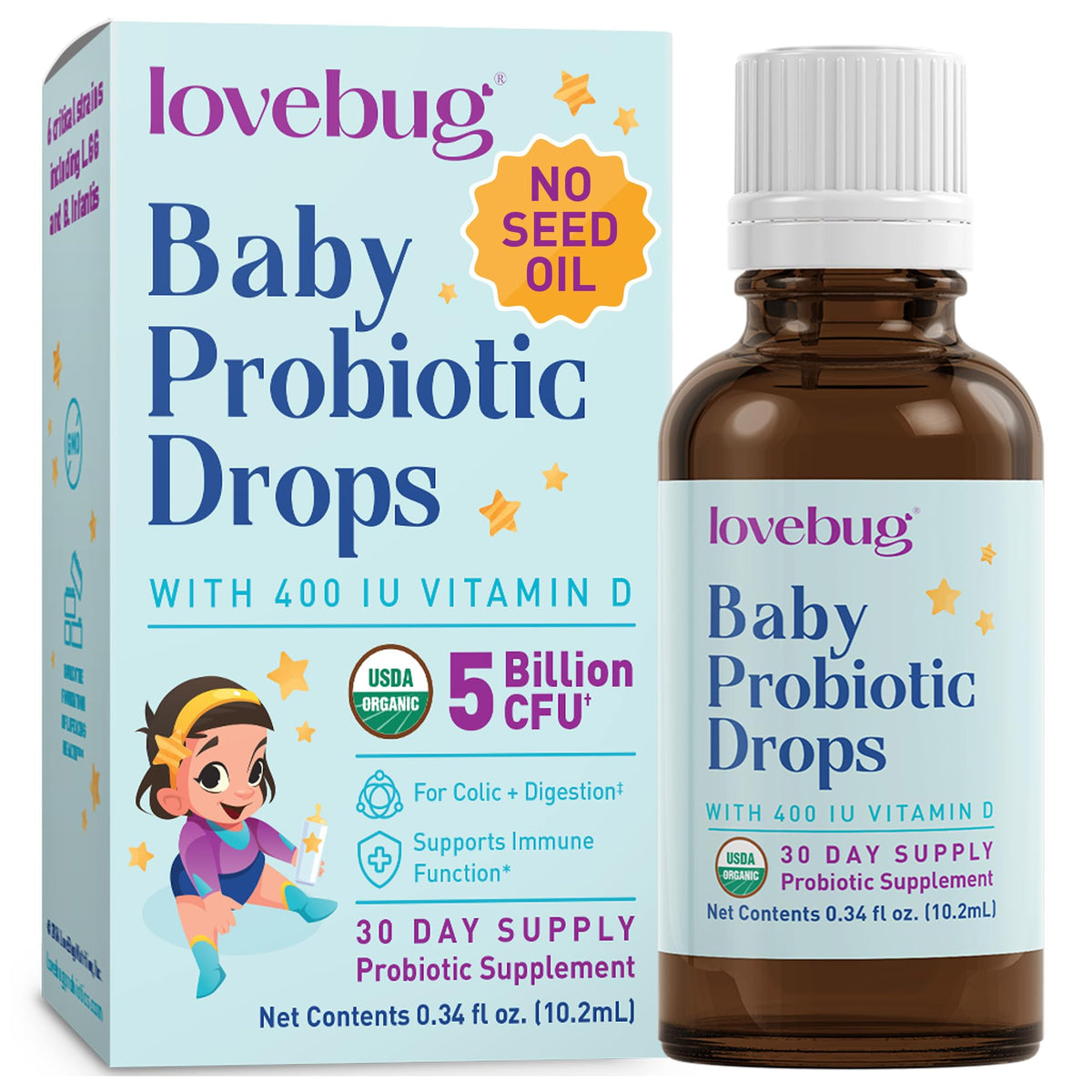 LOVEBUG Baby Probiotic Drops packaging highlights organic formula for infants' digestive health.
