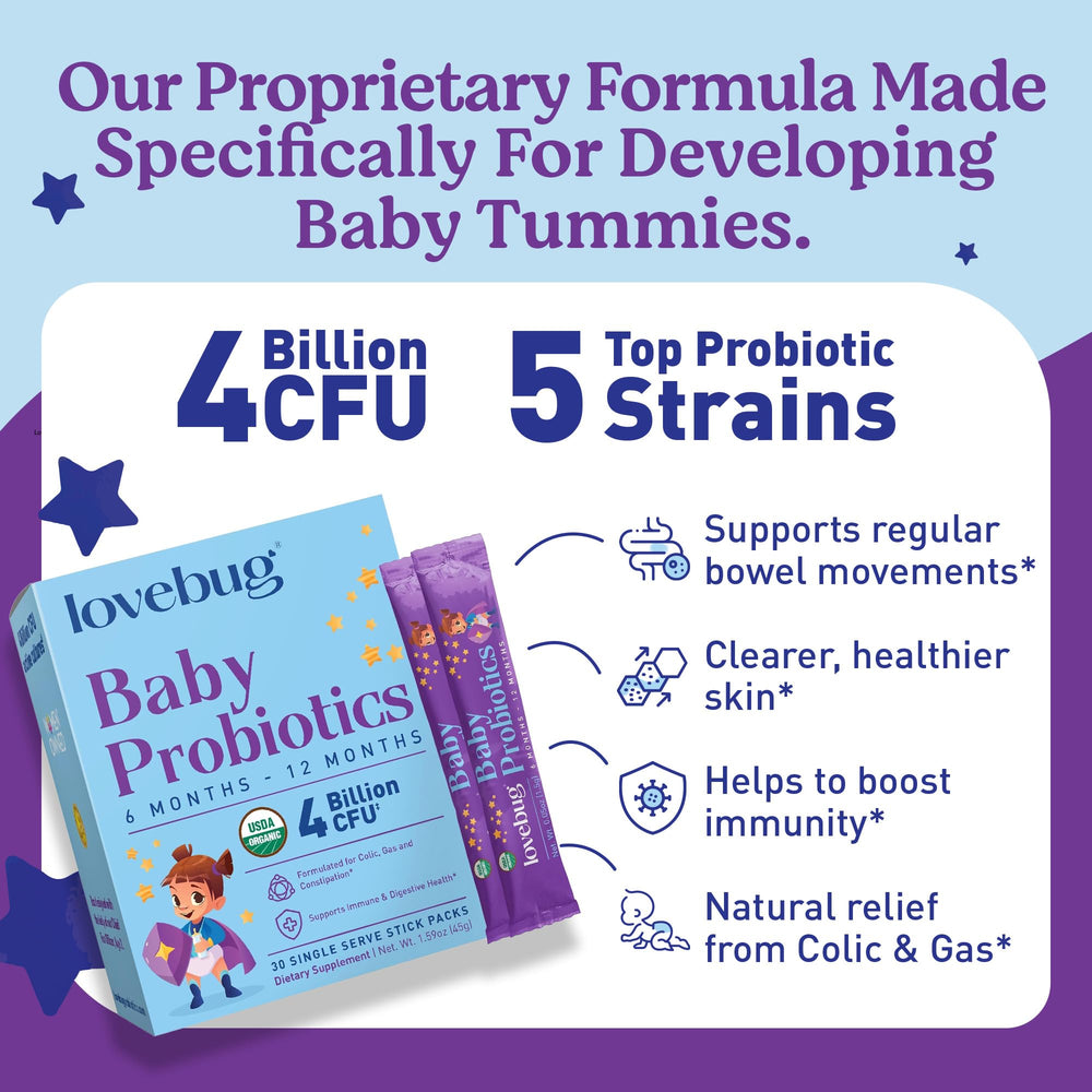 LOVEBUG Probiotics for Babies bottle highlights 6-12 month use and immune-friendly routine