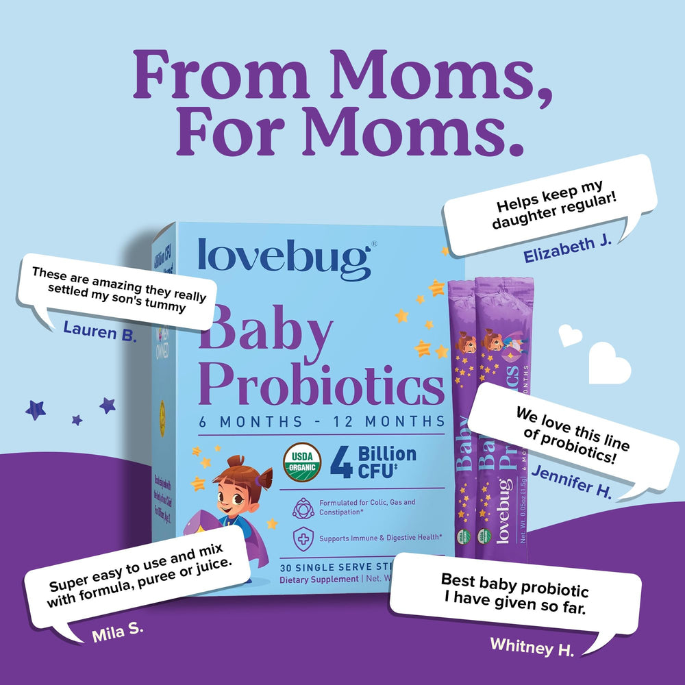 LOVEBUG Probiotics packaging showcases sugar-free tasteless powder convenience
