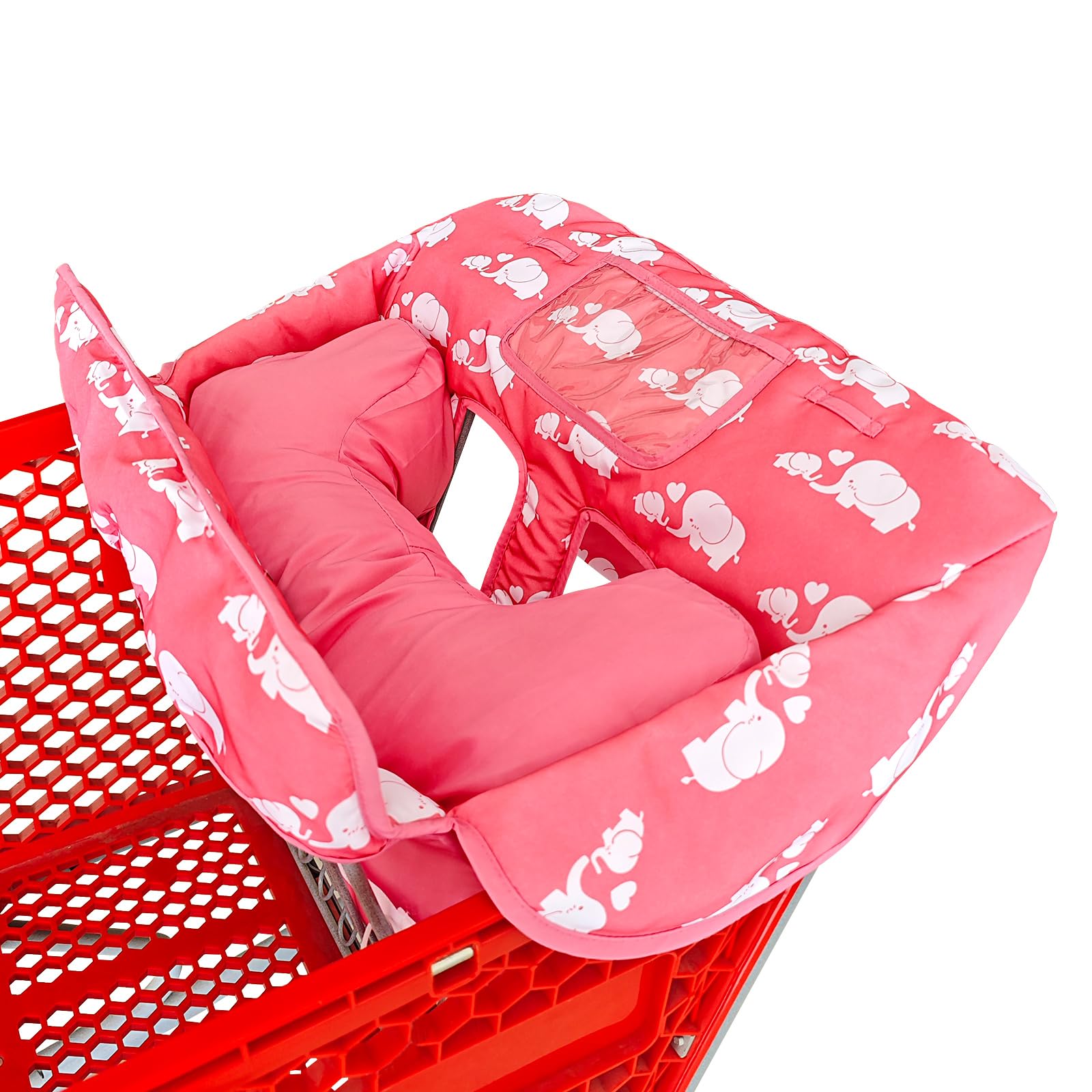Love&go pink elephant cart cover front view demonstrates universal fit for carts and high chairs.