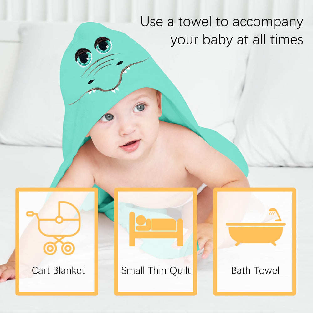 Lovely Care hooded towel on infant demonstrates cozy wrap after bath.