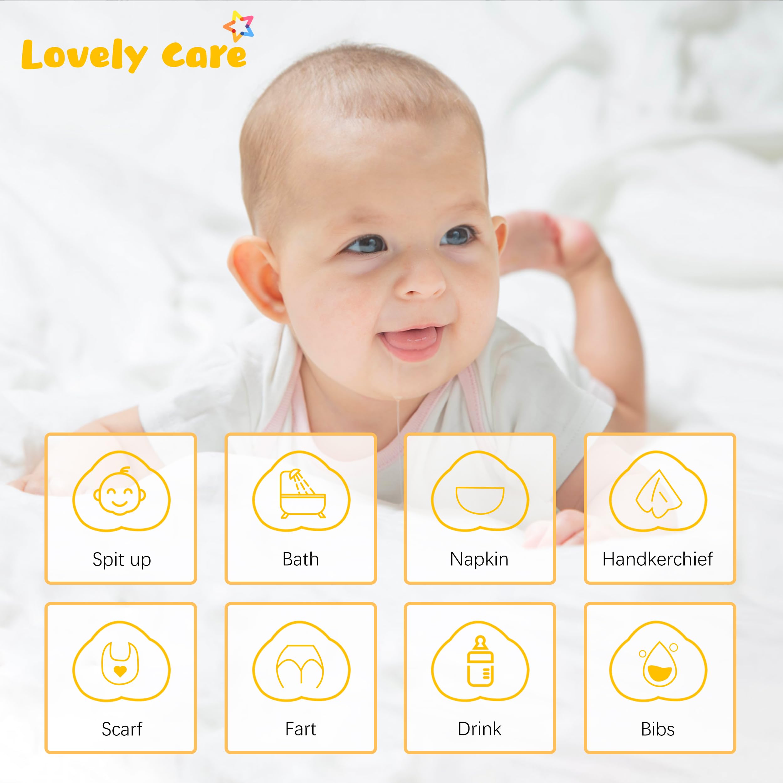 Lovely Care burp cloth close-up, ultra-absorbent cotton muslin catches spills efficiently.