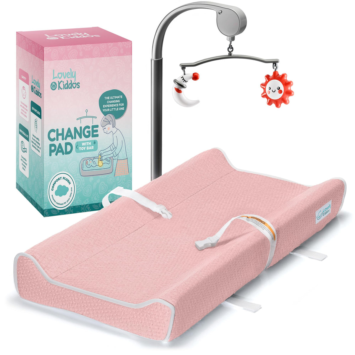 Lovely Kiddos changing pad on dresser offers quick, comfortable diaper changes.