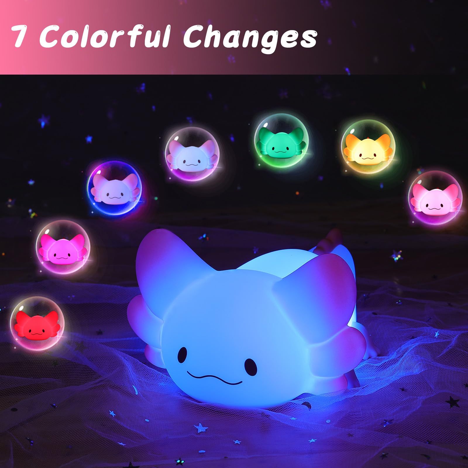 LOVERUIS Axolotl Night Light rechargeable battery enables cordless use.