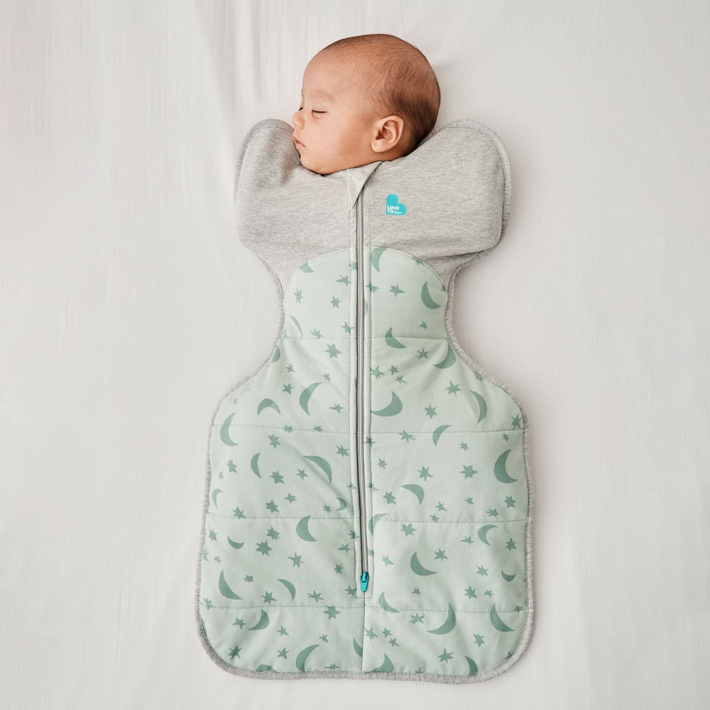 Love to Dream Swaddle UP Extra Warm olive small arms-up position enabling self-soothe