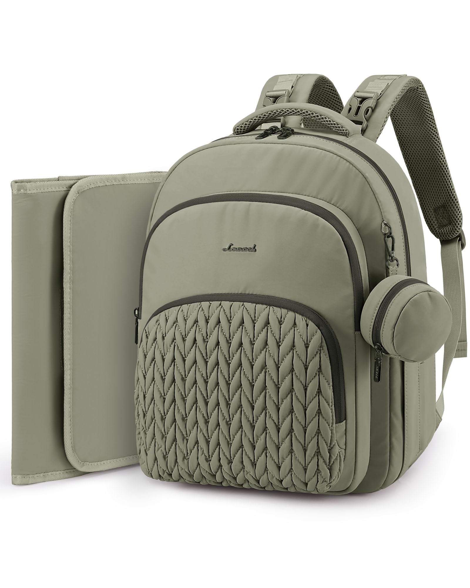 LOVEVOOK bean green diaper bag backpack with open compartments for quick organization.