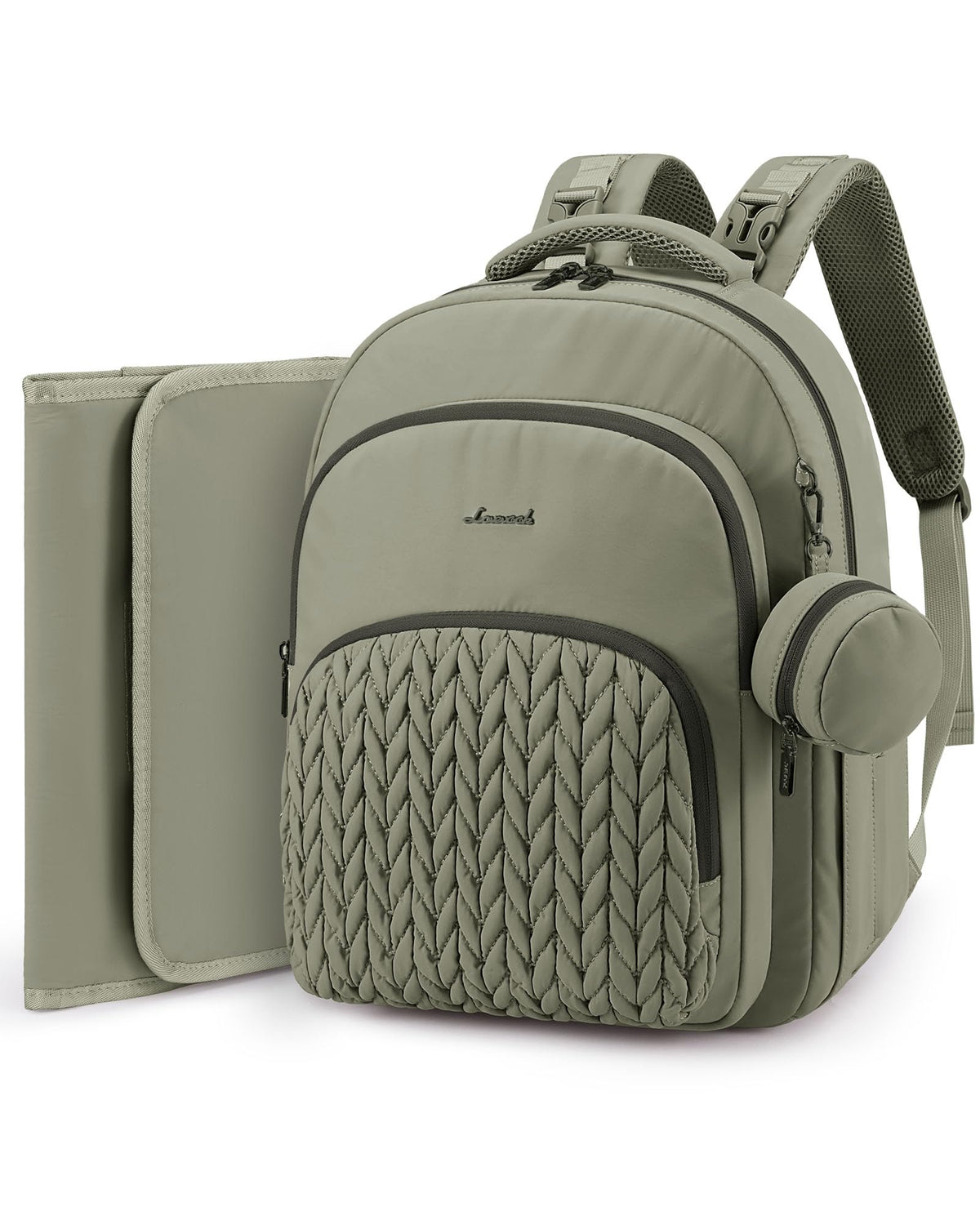 LOVEVOOK bean green diaper bag backpack with open compartments for quick organization.