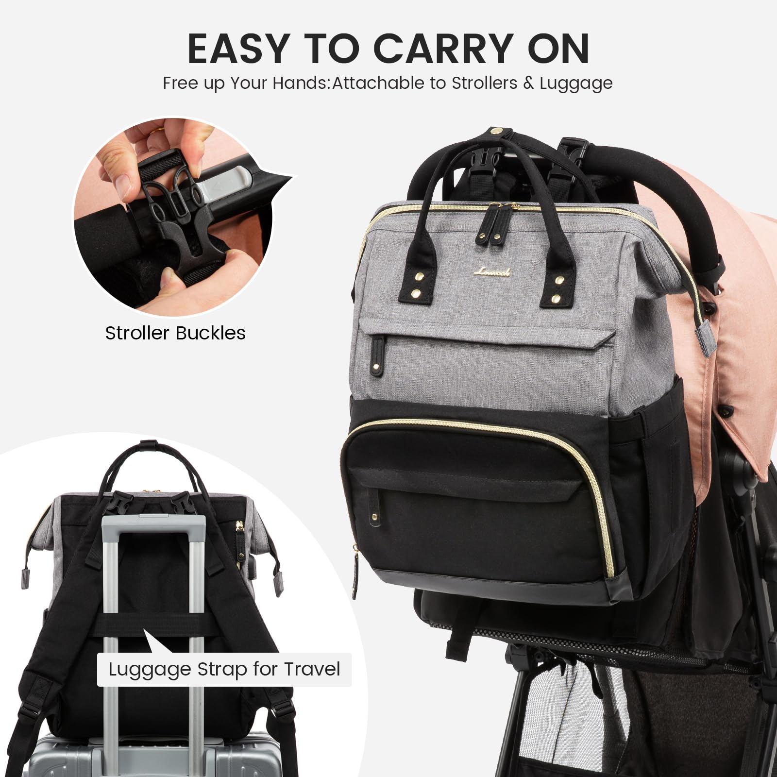 LOVEVOOK diaper bag backpack stroller straps secure the bag on a stroller.