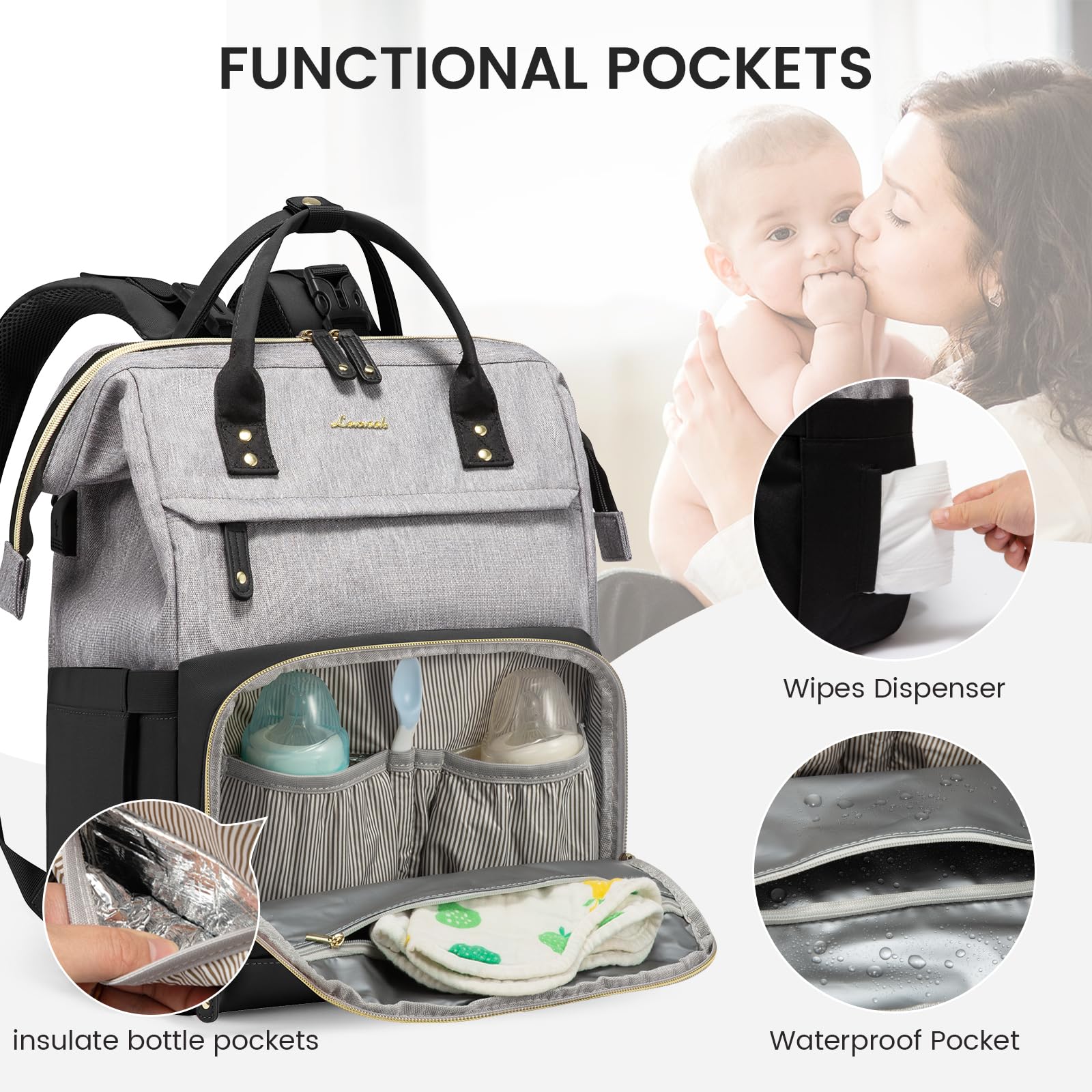 LOVEVOOK diaper bag backpack wet pocket keeps belongings dry during outings.
