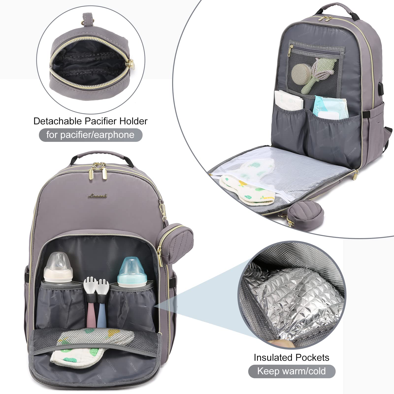 LOVEVOOK diaper bag interior with multiple compartments for organized baby gear.