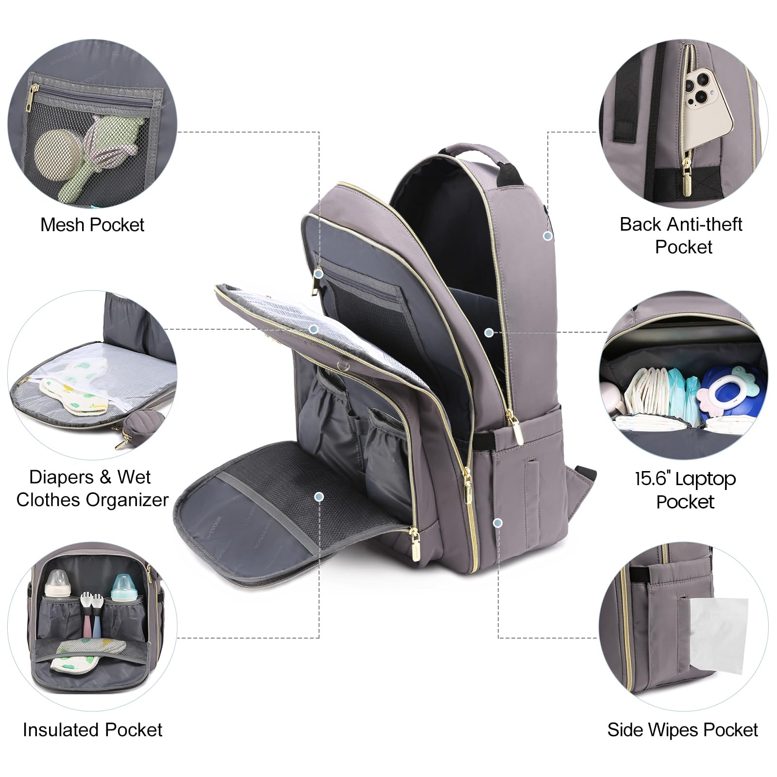 LOVEVOOK diaper bag side pocket design for easy access to wipes and bottles.