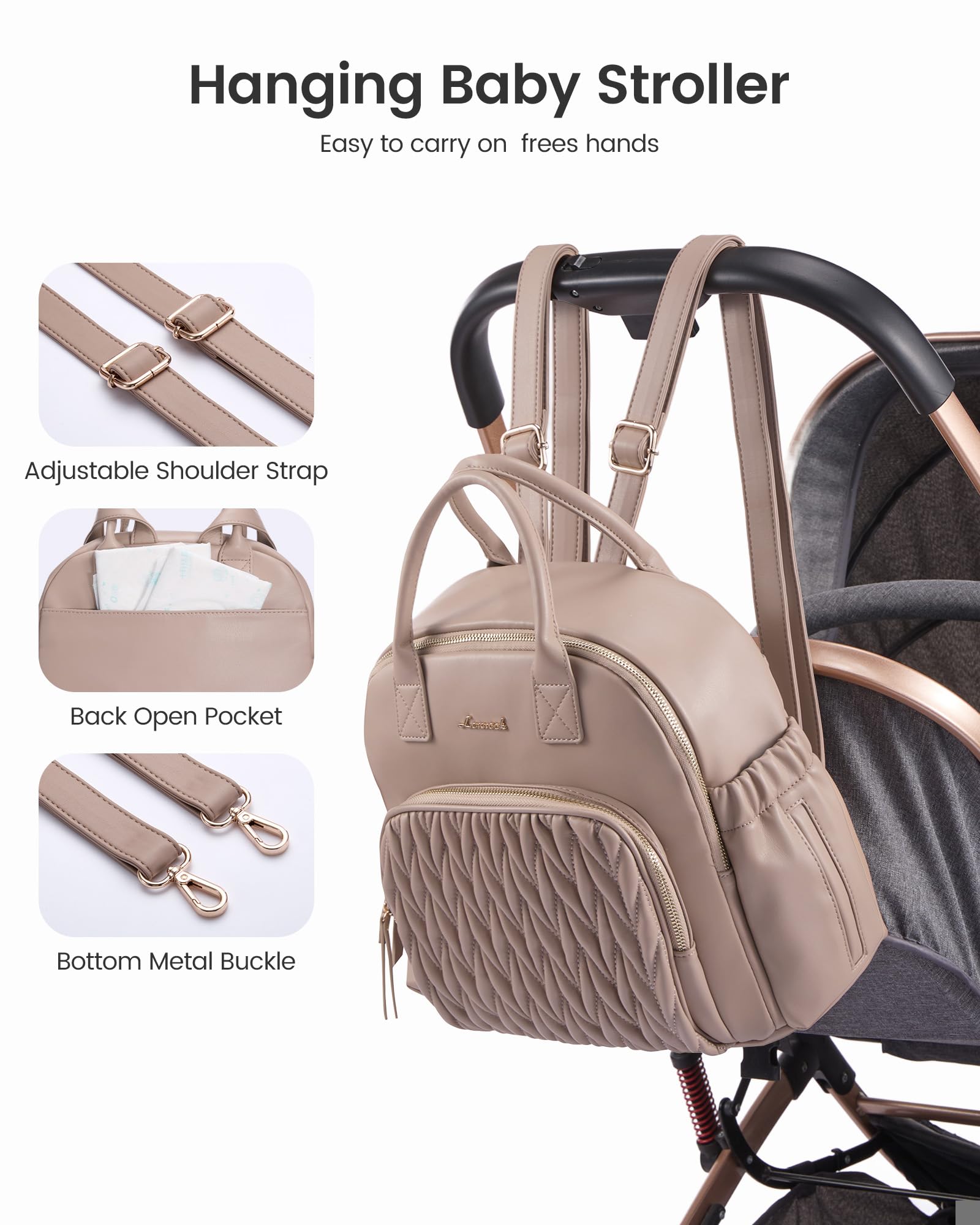 LOVEVOOK diaper bag stroller hook enables hands free travel with baby gear