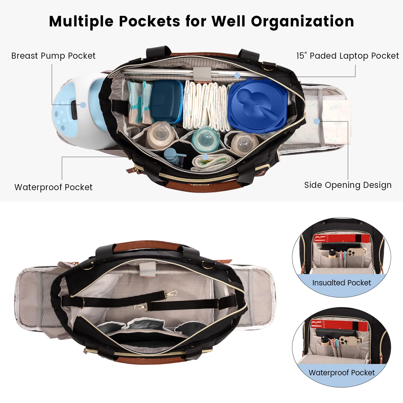 LOVEVOOK diaper tote front pockets organize baby essentials efficiently.