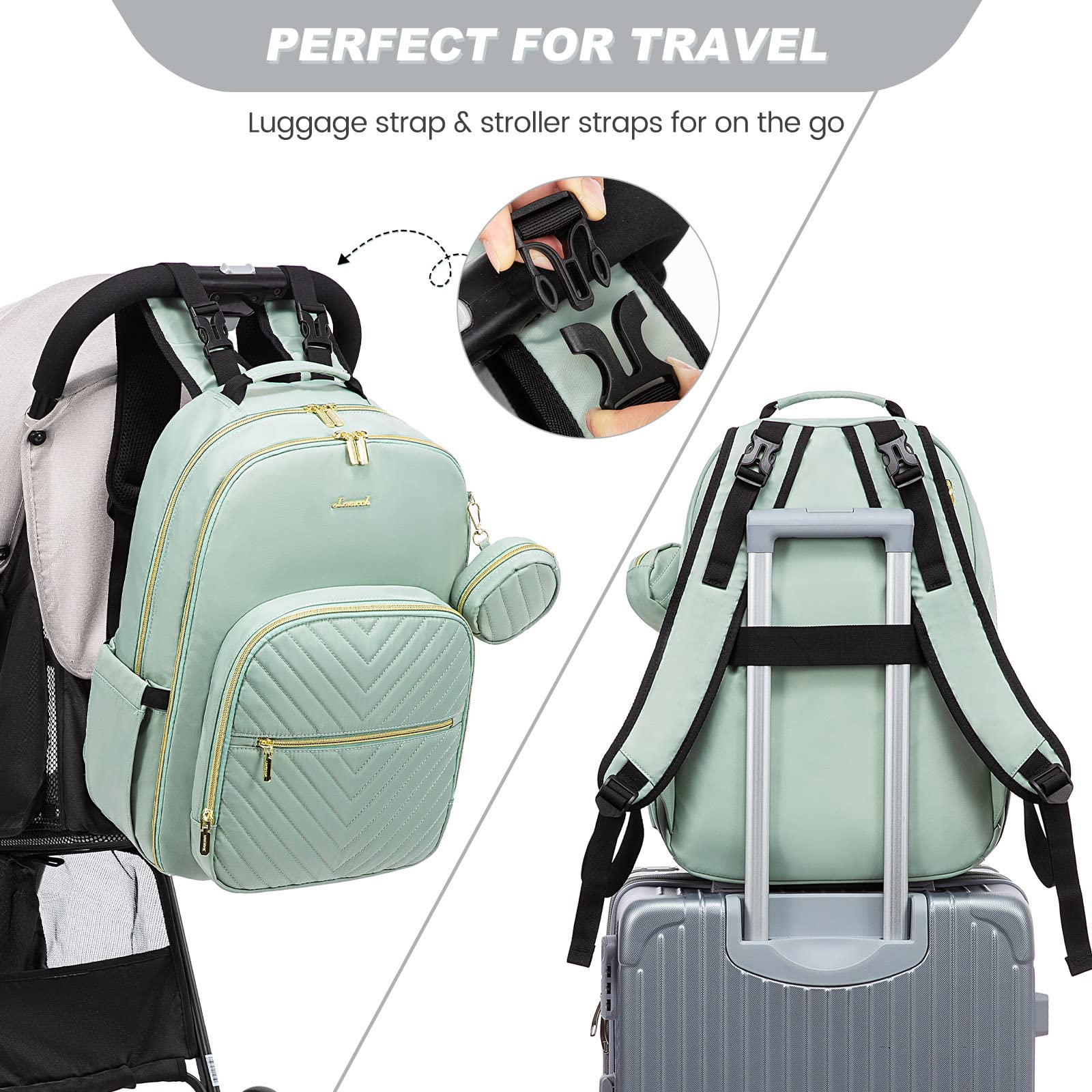 LOVEVOOK mint green diaper bag backpack anti-theft back pocket secures personal essentials.