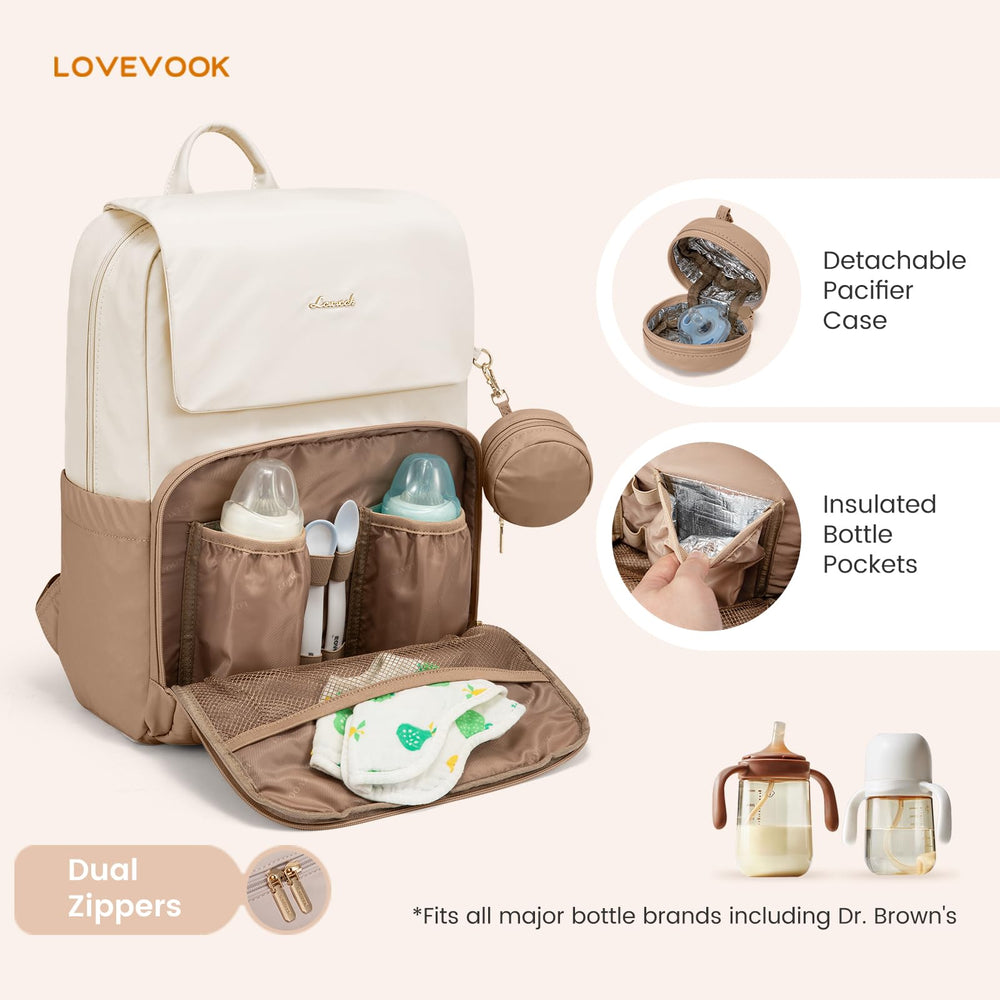 LOVEVOOK diaper bag backpack beige interior compartments show 16 pockets and bottle storage.