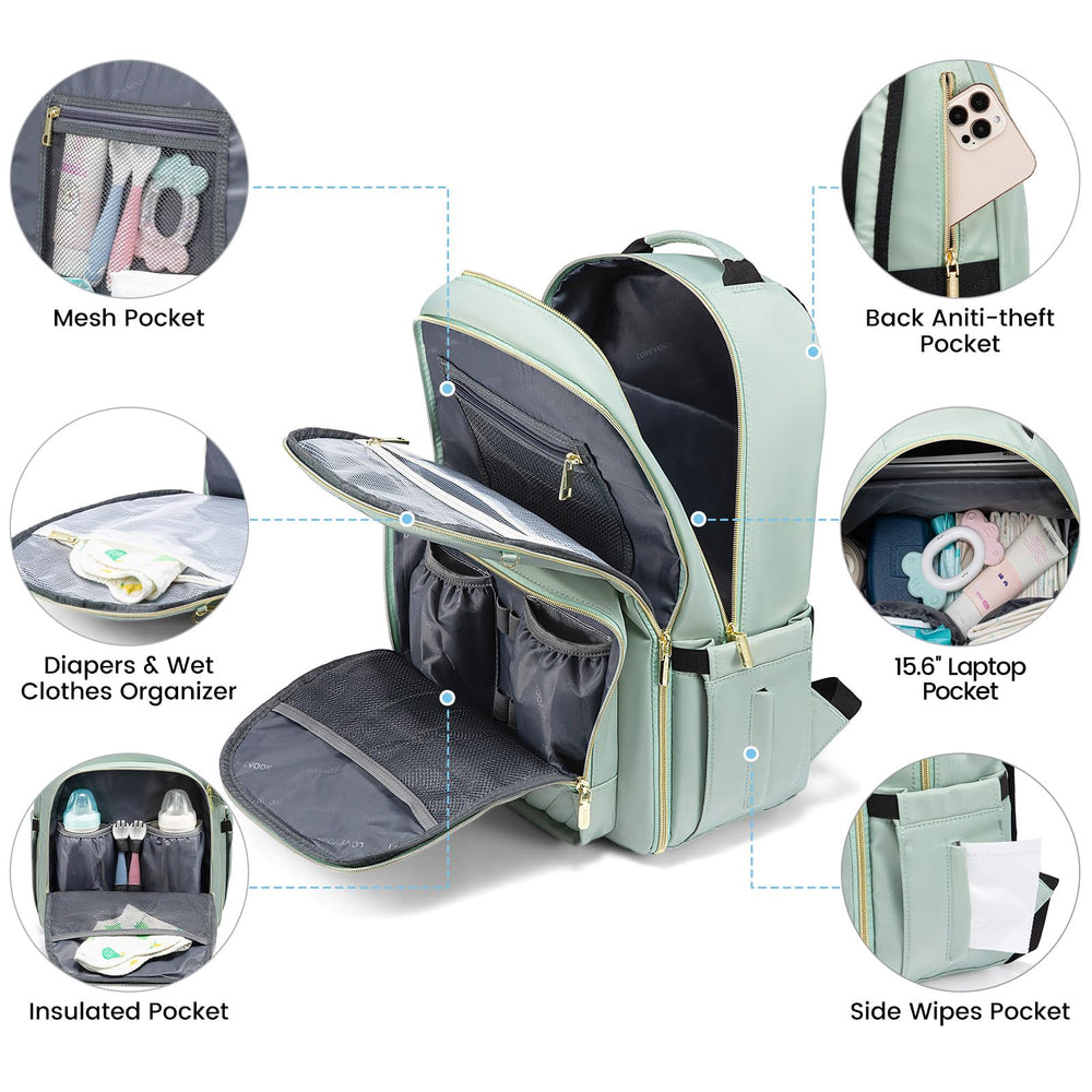 LOVEVOOK mint green diaper bag backpack changing pad pocket enables comfortable on-the-go diaper changes.