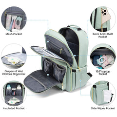 LOVEVOOK mint green diaper bag backpack changing pad pocket enables comfortable on-the-go diaper changes.