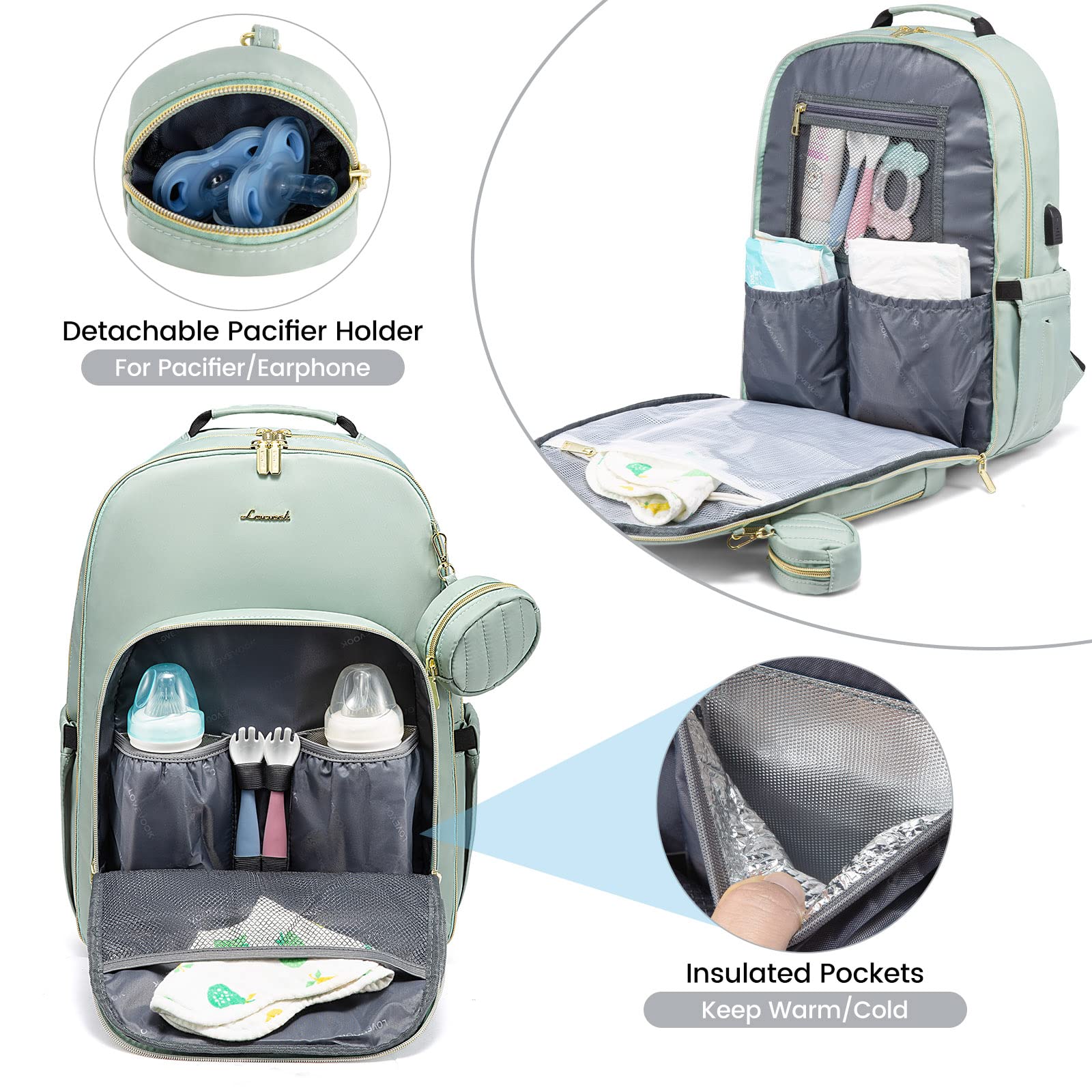 LOVEVOOK mint green diaper bag backpack insulated bottle holders keep feeds at the right temperature.
