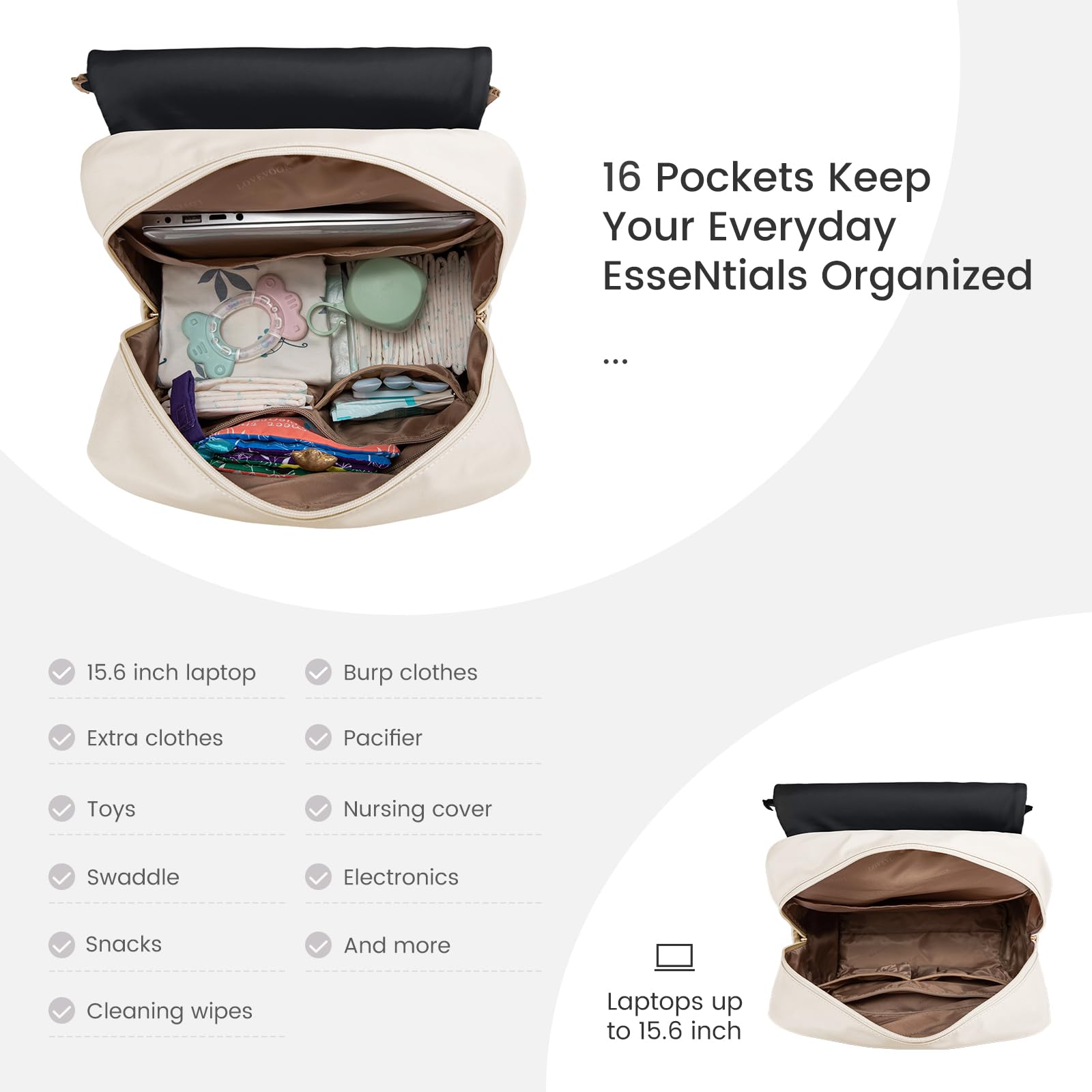LOVEVOOK diaper bag backpack cushioned laptop compartment for work on the road.