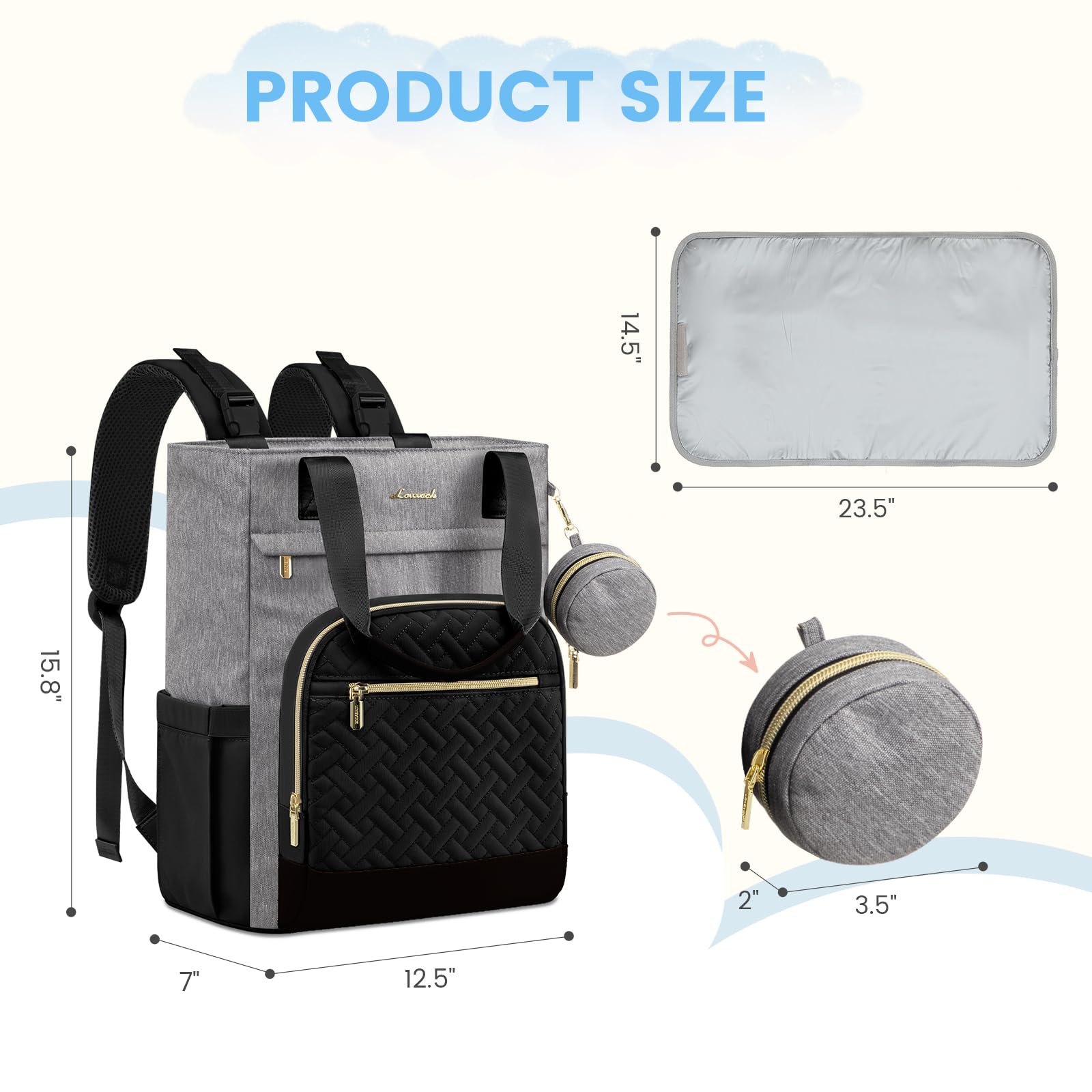 LOVEVOOK diaper bag features metal zippers for durable daily use.