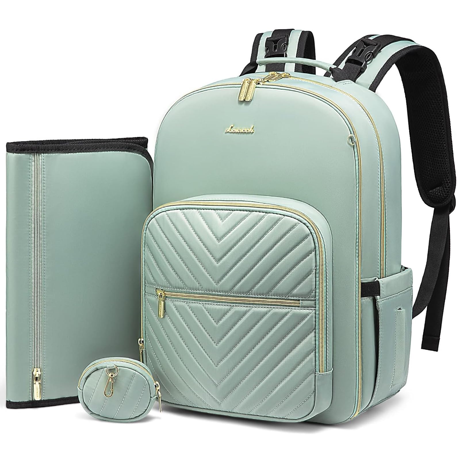LOVEVOOK mint green diaper bag backpack main compartment shows organized storage for quick diaper changes.
