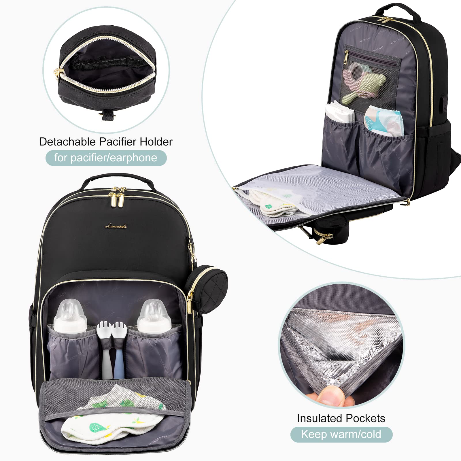 LOVEVOOK diaper bag with changing pad shows easy diaper changes on the go
