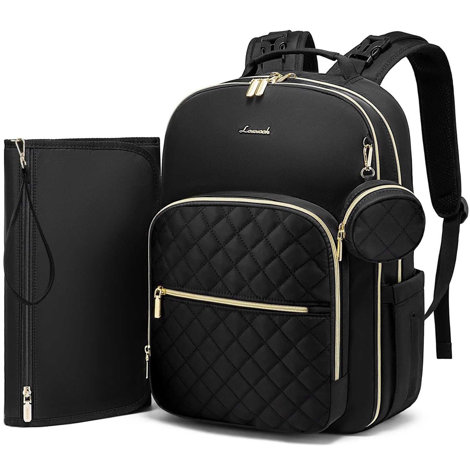 LOVEVOOK diaper bag backpack front view highlights quilted lozenge-black finish for organized on-the-go storage