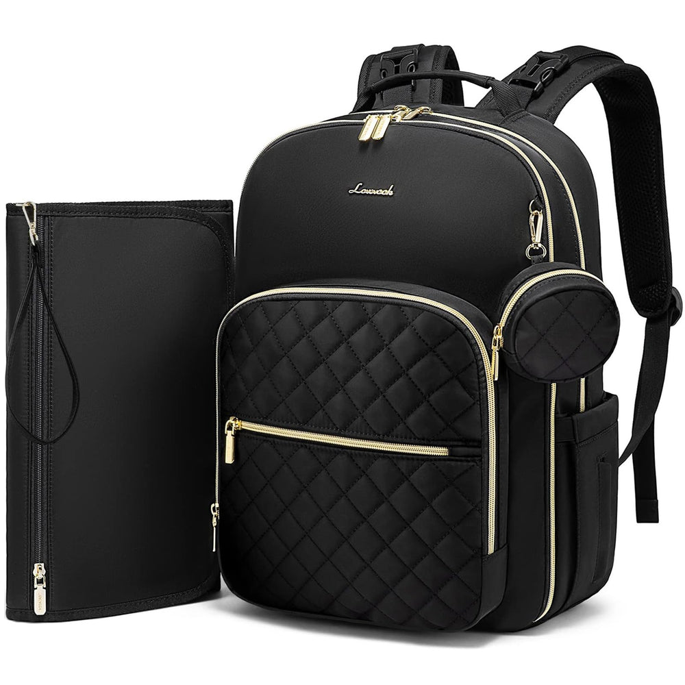 LOVEVOOK diaper bag backpack front view highlights quilted lozenge-black finish for organized on-the-go storage