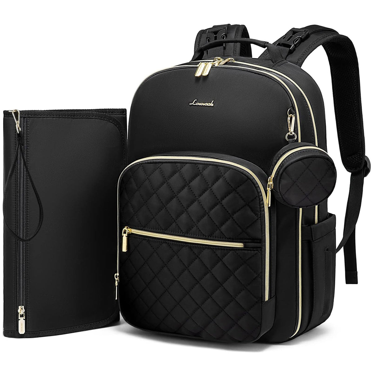 LOVEVOOK diaper bag backpack front view highlights quilted lozenge-black finish for organized on-the-go storage