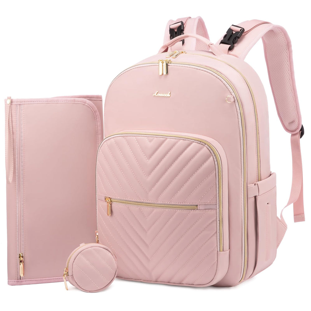 LOVEVOOK diaper bag backpack quilted pink front view with roomy storage for baby essentials.