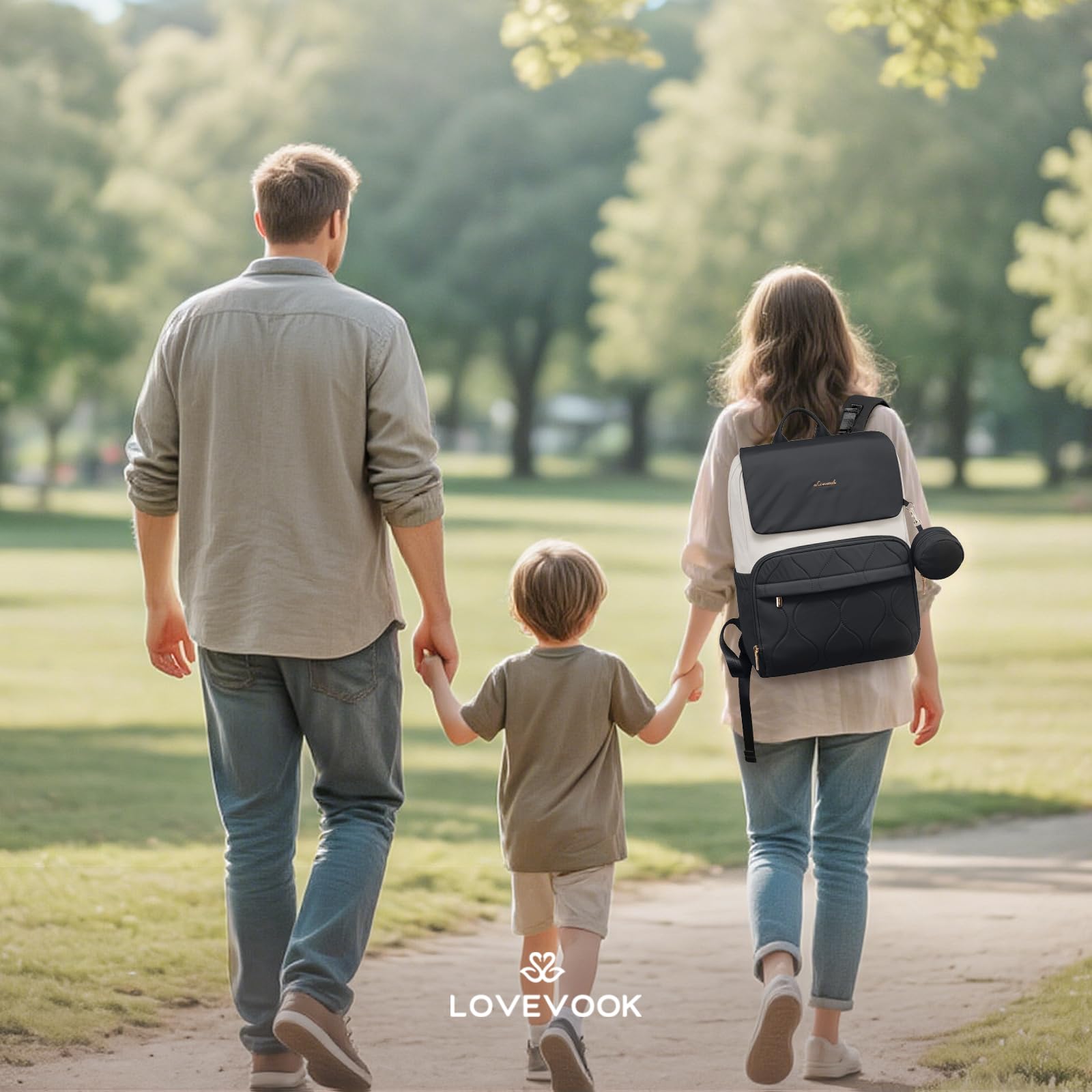 LOVEVOOK diaper bag backpack rear view highlights ergonomic straps for comfort.