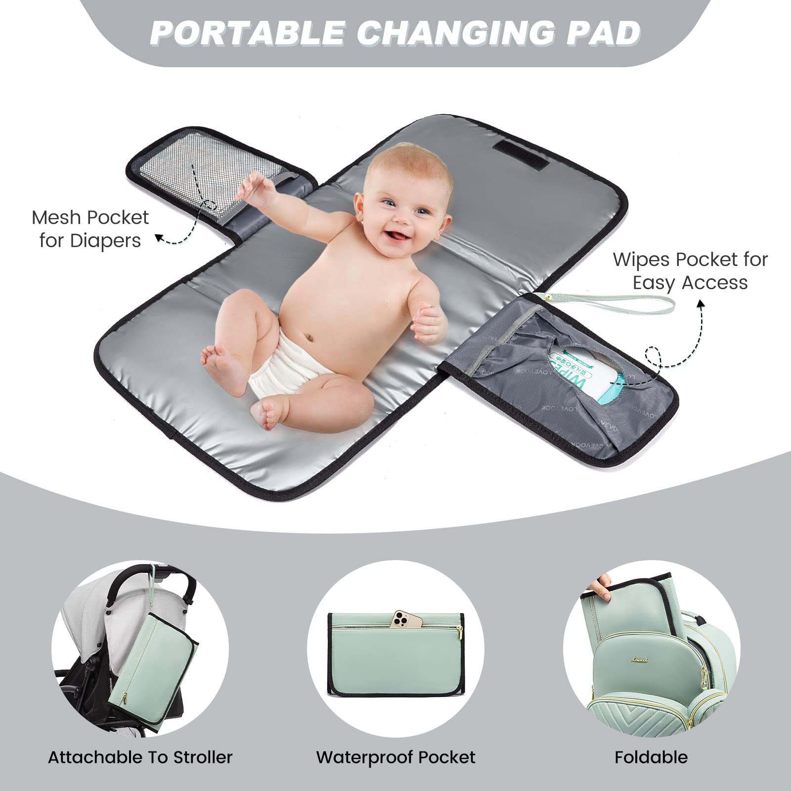 LOVEVOOK mint green diaper bag backpack side pockets provide easy reach for wipes and bottles.