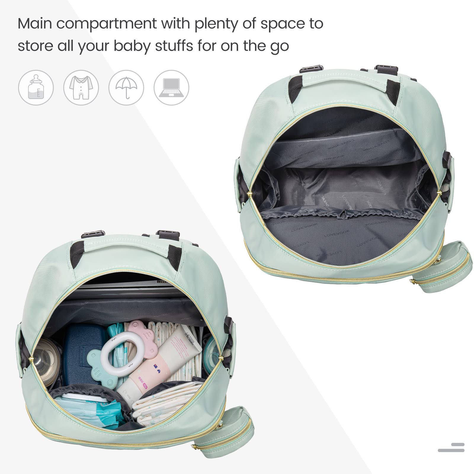 LOVEVOOK mint green diaper bag backpack waterproof pocket keeps wet items separate during travels.